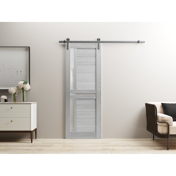 Sartodoors Sturdy Barn Door 24 x 84in, Light Grey Oak W/ Frosted Glass, SS 6.6FT Rail Hangers Heavy Set - VEREGIO7288BD-S-OAK-2484