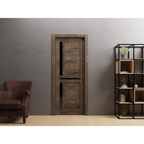 Sartodoors Slab Barn Door Panel 18 x 84in, Veregio 7588 Cognac Oak W/ Black Glass, Pocket Closet Sliding - VEREGIO7588S-AKA-1884