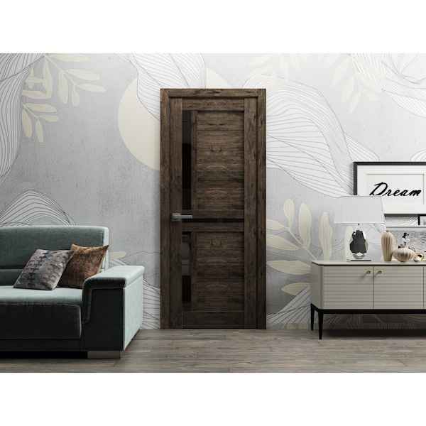 Sartodoors Slab Barn Door Panel 18 x 84in, Veregio 7588 Cognac Oak W/ Black Glass, Pocket Closet Sliding - VEREGIO7588S-AKA-1884