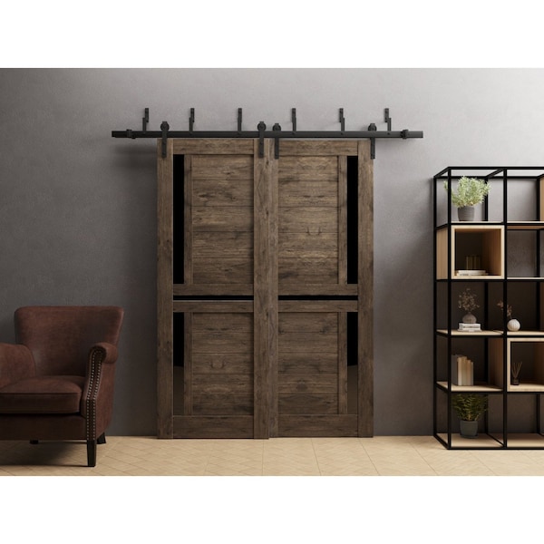 Sartodoors Slab Barn Door Panel 18 x 84in, Veregio 7588 Cognac Oak W/ Black Glass, Pocket Closet Sliding - VEREGIO7588S-AKA-1884