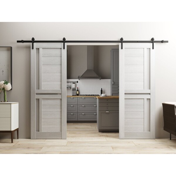 Sartodoors Sturdy Dbl Barn Door 60 x 80in W/, Light Grey Oak W/ Frosted Glass, 13FT Rail Hangers Heavy Set - VEREGIO7288DB-OAK-60