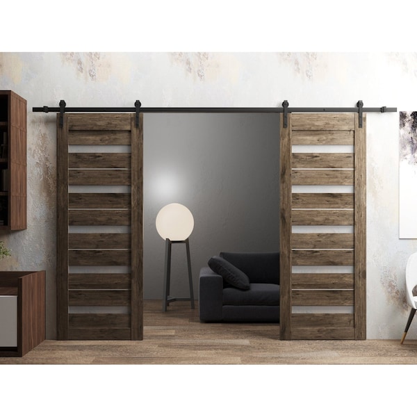 Sartodoors Sturdy Dbl Barn Door 48 x 96in, Quadro 4445 Cognac Oak W/ Frosted Glass, 13FT Rail Hangers Heavy Set - QUADRO4445DB-AKA-4896