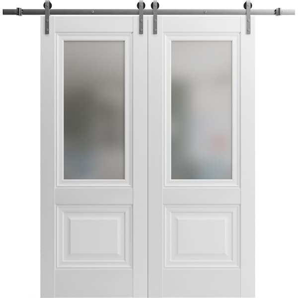 Sartodoors Sturdy Dbl Barn Door 48 x 80in W/, White Silk W/ Frosted Glass, SS 13FT Rail Hangers Heavy Set - LUCIA8822DB-S-WS-48