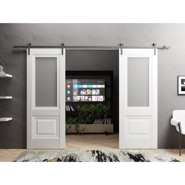 Sartodoors Sturdy Dbl Barn Door 48 x 80in W/, White Silk W/ Frosted Glass, SS 13FT Rail Hangers Heavy Set - LUCIA8822DB-S-WS-48