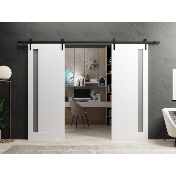 Sartodoors Sturdy Dbl Barn Door 60 x 84in W/, Painted White W/ Frosted Glass, 13FT Rail Hangers Heavy Set - PLANUM0660DB-BEM-6084