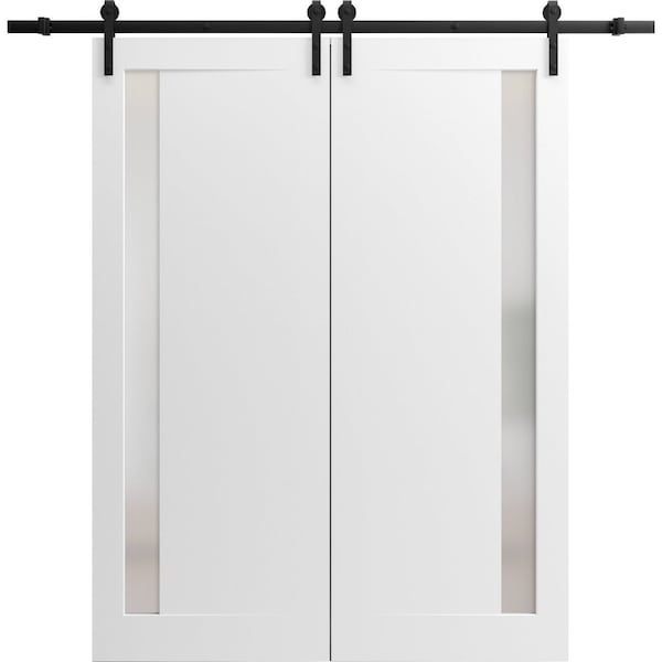 Sartodoors Sturdy Dbl Barn Door 60 x 84in W/, Painted White W/ Frosted Glass, 13FT Rail Hangers Heavy Set - PLANUM0660DB-BEM-6084