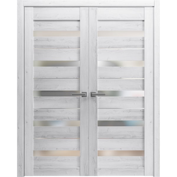 Sartodoors Sturdy Dbl Barn Door 64 x 96in, Quadro 4113 Matte Black Frosted Glass, 13FT Rail Hangers Heavy Set - QUADRO4113DB-BLK-6496