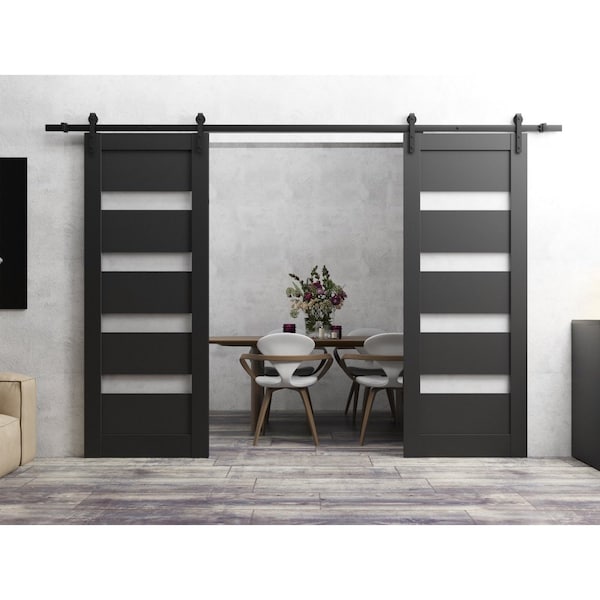 Sartodoors Sturdy Dbl Barn Door 64 x 96in, Quadro 4113 Matte Black Frosted Glass, 13FT Rail Hangers Heavy Set - QUADRO4113DB-BLK-6496
