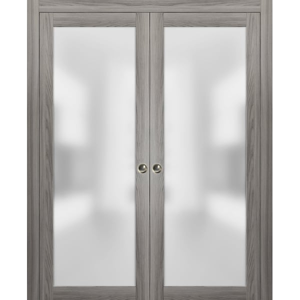 Sartodoors Modern Double Pocket 36x84 Planum 2102 Ginger Ash Pocket Frame Trims Pulls Rail Frosted,  - PLANUM2102DP-GA-3684