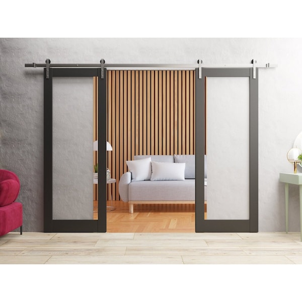 Sartodoors Sturdy Dbl Barn Door 36 x 80in, Matte Black Clear Glass, Stainless Steel 13FT Rail Hangers Heavy Set - LUCIA2166DB-S-BLK-36