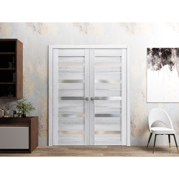 Sartodoors Solid French Double Doors 84 x 84in, Quadro 4445 Nordic White W/ Frosted Glass - QUADRO4445DD-NOR-8484