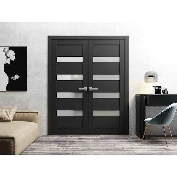 Sartodoors Solid French Double Doors 36 x 80in, Quadro 4113 Matte Black Frosted Glass - QUADRO4113DD-BLK-36
