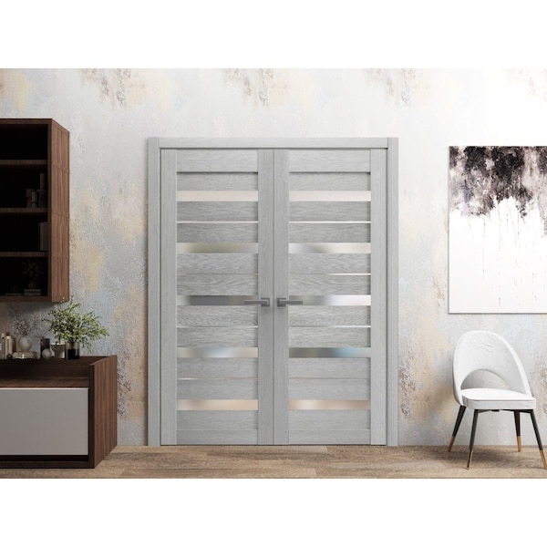 Sartodoors Solid French Double Doors 48 x 80in, Quadro 4445 Light Grey Oak W/ Frosted Glass - QUADRO4445DD-OAK-48