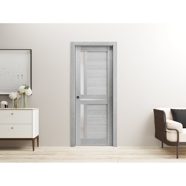 Sartodoors Sliding French Pocket Door 36 x 84in W/, Light Grey Oak W/ Frosted Glass, Kit Trims Rail Hardware - VEREGIO7288PD-OAK-3684