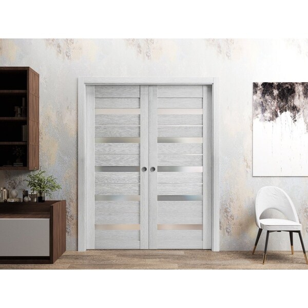 Sartodoors Sliding French Dbl Pocket Doors, 84 x 80in, Light Grey Oak W/ Frosted Glass, Kit Trims Rail Hardware - QUADRO4445DP-OAK-84