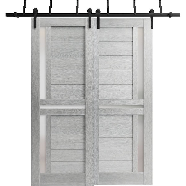 Sartodoors Sliding Closet Barn Bypass Doors 48 x 80in, Light Grey Oak W/ Frosted Glass, Sturdy 6.6ft Rails - VEREGIO7288BBB-OAK-48