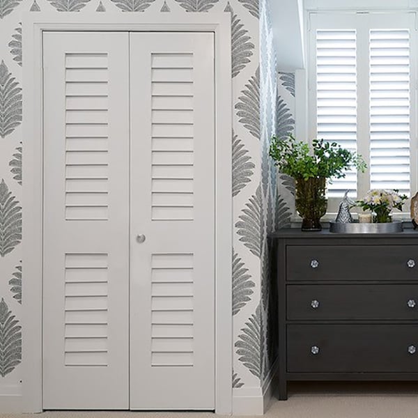 Codel Doors 36" x 80" Primed Plantation Louver over Louver Bifold Door and Hardware - 3068PRI8730BF