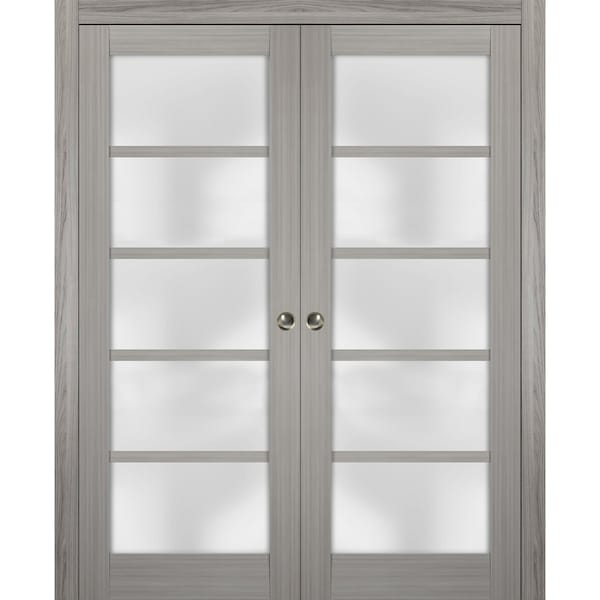Sartodoors Sliding French Double Pocket 56x96" Quadro 4002 Grey Ash Kit Trims Rail Hardware Wood Interior - QUADRO4002DP-SSS-5696