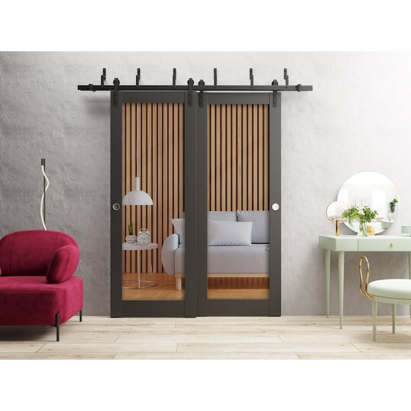 Sartodoors Slab Barn Door Panel 24 x 96in, Matte Black Clear Glass, Pocket Closet Sliding - LUCIA2166S-BLK-2496
