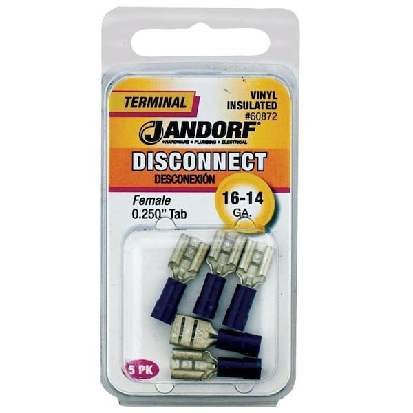 Terminal de desconexión Jandorf, cable de 16 a 14 AWG, aislante de vinilo, contacto de cobre, azul, paquete de 5 - 60872