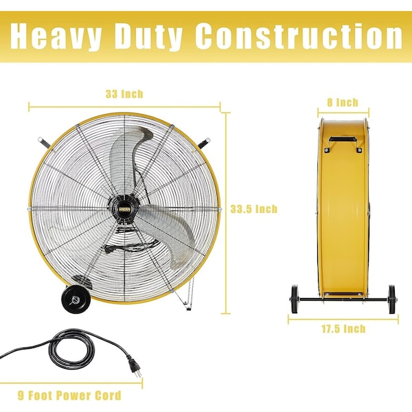 Elexnux Industrial Fan, 33 in Blade Dia, 3 Speeds Speeds, 120, 33.5 in W - IR-FAN7801