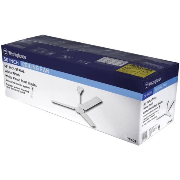 Westinghouse Jax Industrial-Style 56" 3-Blade Wht Indoor Ceiling Fan, Wall Control - 7840900