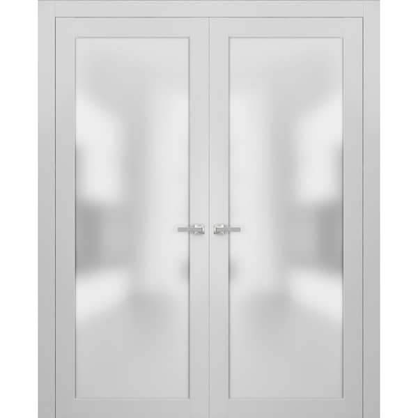 Sartodoors French Double Frosted48x96 Planum 2102 White Silk Frames Trims Satin Nickel Bathroom CoreedInserts - PLANUM2102DD-WS-4896
