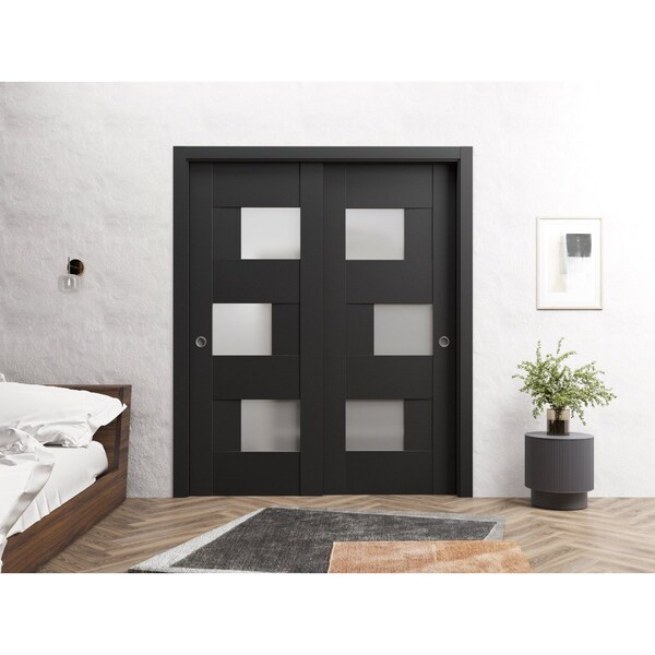 Sartodoors Sliding Closet Bypass Doors 64 x 80in, Sete 6933 Matte Black W/ Frosted Glass, Sturdy Rails - SETE6933DBD-BLK-64