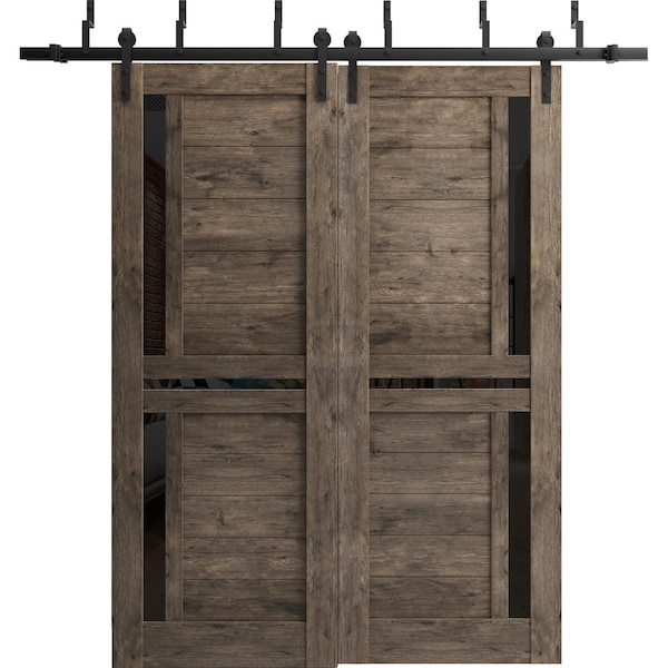 Sartodoors Sliding Closet Barn Bypass Doors 56 x 80in, Cognac Oak W/ Black Glass, Sturdy 6.6ft Rails - VEREGIO7588BBB-AKA-56