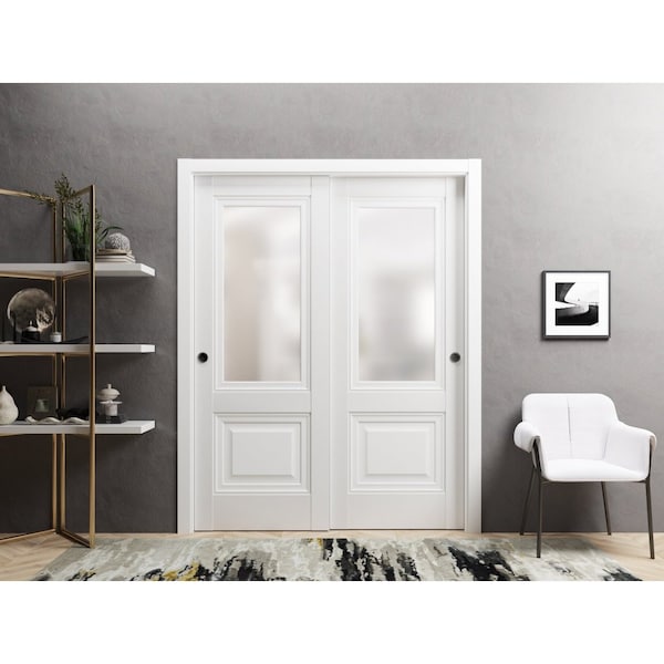 Sartodoors Sliding Closet Bypass Doors 36 x 84in, Lucia 8822 White Silk W/ Frosted Glass, Sturdy Rails - LUCIA8822DBD-WS-3684