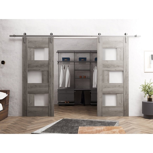 Sartodoors Sturdy Dbl Barn Door 48 x 84in, Nebraska Grey W/ Frosted Glass, SS 13FT Rail Hangers Heavy Set - SETE6933DB-S-NEB-4884