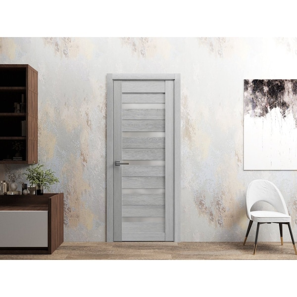 Sartodoors Solid French Door 18 x 96in, Quadro 4445 Light Grey Oak W/ Frosted Glass, Sgl Panel Frame Trim - QUADRO4445ID-OAK-1896