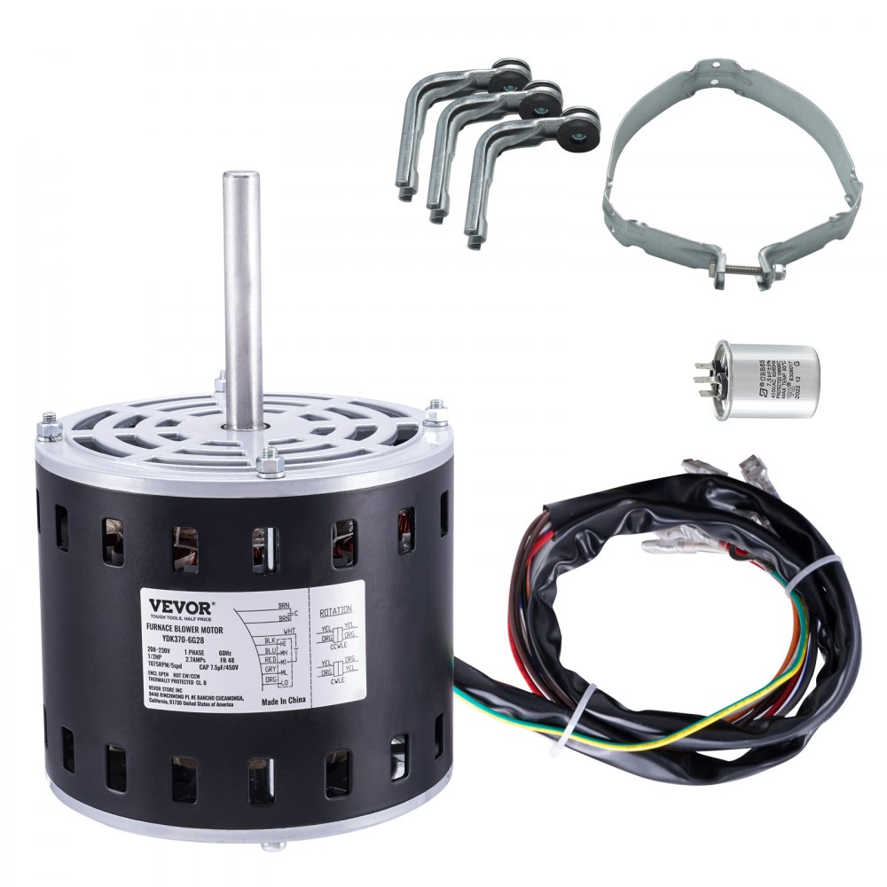VEVOR 1/2HP Furnace Blower Motor, 208/230V 2.7Amps, 1075RPM 5 Speeds, CW/CCW Rotation, 48 Frame 3.4" Shaft Length, 7.5μF/450V Capacitor + 11" Hold Hoop - MSFGJDJG12HP5HTVLV7
