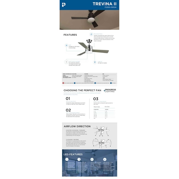 Progress Lighting Trevina II Collection 44" Three-Blade Brushed Nickel Ceiling Fan - P2555-0930K