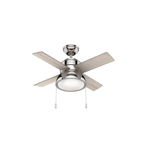 Hunter Decorative Ceiling Fan, 36 in Blade Dia, 4 Blades, 4 Speeds, 120, Polished Nickel - 59386