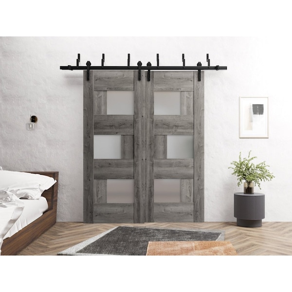 Sartodoors Sliding Closet Barn Bypass Doors 36 x 84in, Nebraska Grey W/ Frosted Glass, Sturdy 6.6ft Rails - SETE6933BBB-NEB-3684