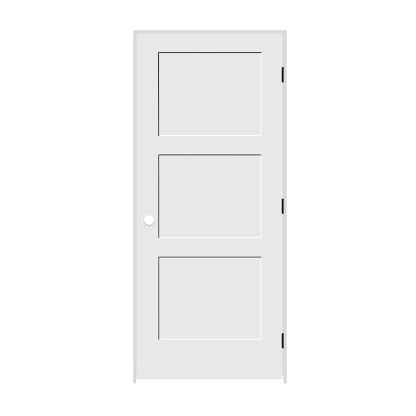 Codel Doors 34" x 80" x 1-3/8" Primed 3-Panel Equal Panel Interior Shaker 6-9/16" LH Prehung Door w/Mtt Blk Hngs - 2168PRI8433LH10B6916