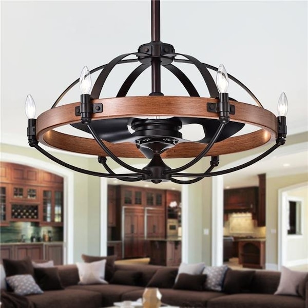 Warehouse Of Tiffany Warehouse of Tiffany CFL-8375REMO 30 in. Gredis 6-Light Lighted Ceiling Fan Fandelier with Faux-Wood Hoop; Black - CFL-8375REMO