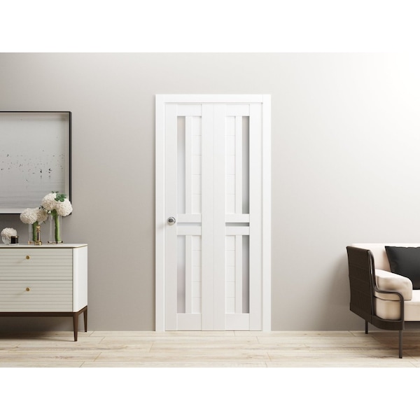 Sartodoors Sliding Closet Bi-fold Doors 72 x 80in, Veregio 7288 White Silk W/ Frosted Glass, Sturdy Tracks - VEREGIO7288BF-WS-72