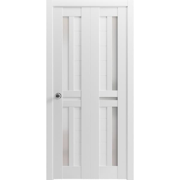 Sartodoors Sliding Closet Bi-fold Doors 72 x 80in, Veregio 7288 White Silk W/ Frosted Glass, Sturdy Tracks - VEREGIO7288BF-WS-72
