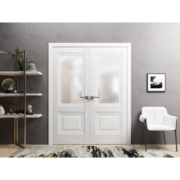 Sartodoors Solid French Double Doors 48 x 80in, Lucia 8822 White Silk W/ Frosted Glass - LUCIA8822DD-WS-48