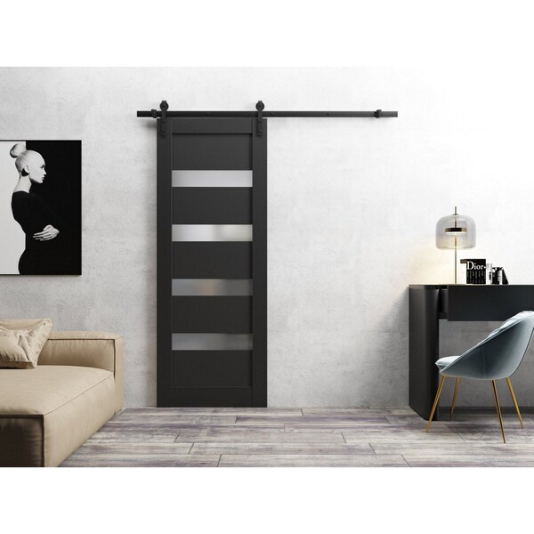 Sartodoors Sturdy Barn Door 36 x 96in, Matte Black Frosted Glass, 6.6FT Rail Hangers Heavy Hardware Set - QUADRO4113BD-B-BLK-3696