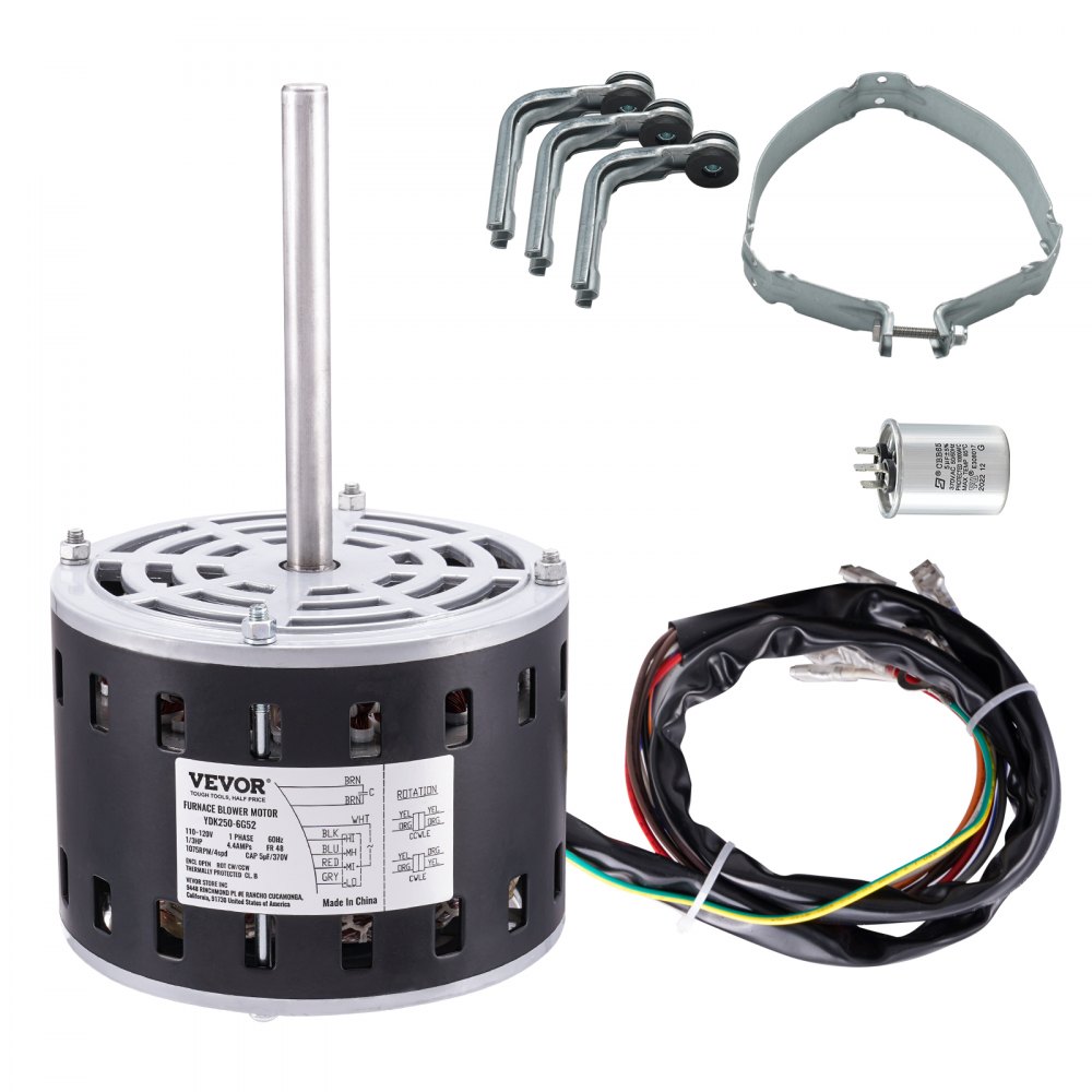 VEVOR 1/3HP Furnace Blower Motor, 110/120V 4.4Amps, 1075RPM 4 Speeds, CW/CCW Rotation, 48 Frame 5.2" Shaft Length, 5μF/370V Capacitor + 11" Hold Hoop - MSFGJDJG13HP48KZGV7