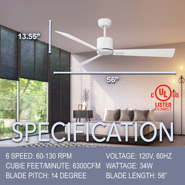 Iliving Indoor/Outdoor 56 in. White/Wood Ceiling Fan with Remote Control 3 Blades 6 Speeds - ILG8CF56W
