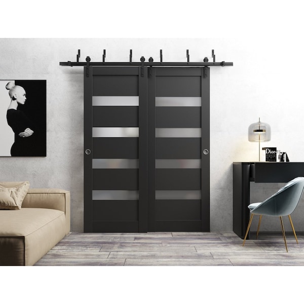 Sartodoors Sliding Closet Barn Bypass Doors 72 x 96in, Quadro 4113 Matte Black Frosted Glass, Sturdy 6.6ft Rails - QUADRO4113BBB-BLK-7296
