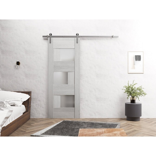 Sartodoors Sturdy Barn Door 42 x 84in, Sete 6933 Light Grey Oak W/ Frosted Glass, SS 8FT Rail Hangers Heavy Set - SETE6933BD-S-OAK-4284