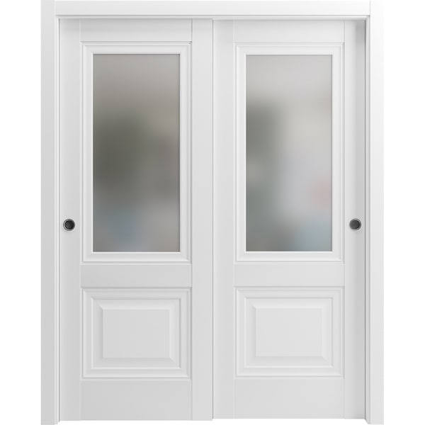 Sartodoors Sturdy Barn Door 28 x 96in, Nordic White W/ Frosted Glass, 6.6FT Rail Hangers Heavy Hardware Set - SETE6933BD-B-NOR-2896