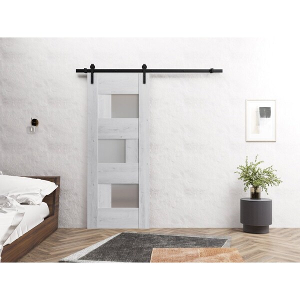 Sartodoors Sturdy Barn Door 28 x 96in, Nordic White W/ Frosted Glass, 6.6FT Rail Hangers Heavy Hardware Set - SETE6933BD-B-NOR-2896