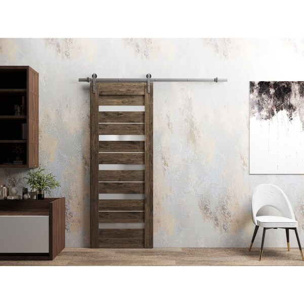 Sartodoors Sturdy Barn Door 28 x 96in, Quadro 4445 Cognac Oak W/ Frosted Glass, SS 6.6FT Rail Hangers Heavy Set - QUADRO4445BD-S-AKA-2896