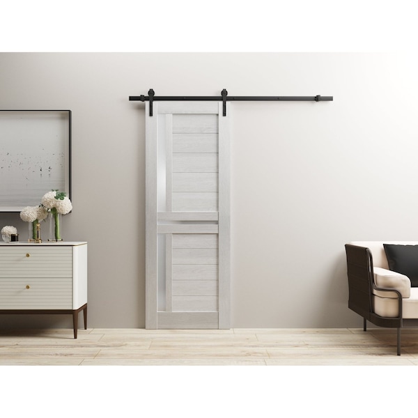 Sartodoors Sturdy Barn Door 28 x 96in, Light Grey Oak W/ Frosted Glass, 6.6FT Rail Hangers Heavy Hardware Set - VEREGIO7288BD-B-OAK-2896